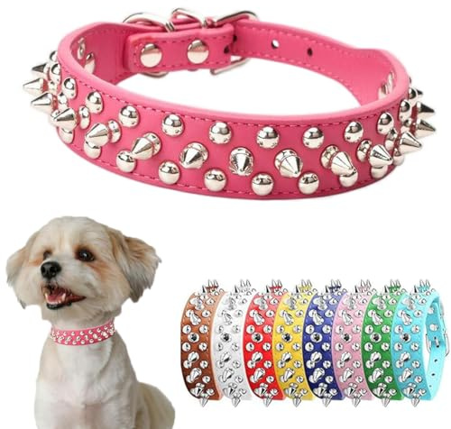 Hundehalsband mit Nieten, weiches PU-Leder, Nieten, Katzenhalsband, Metallschnalle, verstellbar, für kleine, mittelgroße und große Rassen, Haustiere wie Chihuahua, Mops, Pit, Bulldogge, Hot Pink, S