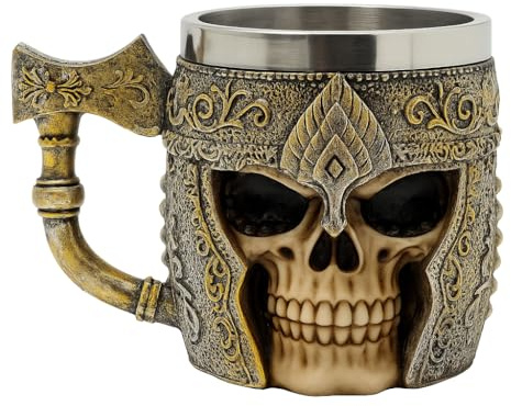 Viking Skull Warrior Mug with Axe Handle – 3D Gothic Skull Helmet Design, Resin Exterior with Stainless Steel Inner, Medieval Fantasy Coffee Beer Cup for Men, Home Bar or Collectors