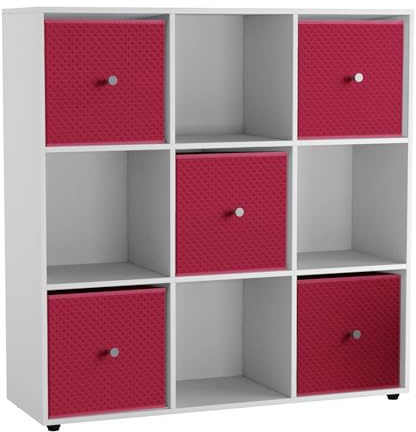 URBNLIVING 9 Cube Storage Unit with 5 Foldable Fabric Drawers, Wooden Freestanding Bookcase Shelf Organiser, Modern Cube Shelving for Bedroom, Office, Living Room, Toys, Clothes & Books