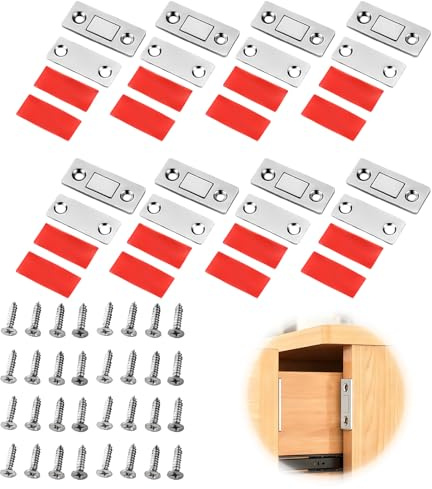 Set di 8 Calamita per Porte, Chiudiporta Magnetico Ultra Sottile con Biadesivi e Viti Montaggio, Magnete Potenti per Armadi Cassetti Porte Scorrevoli Finestre, Chiusura Sicura e Affidabile, Argento