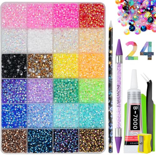 30000Pcs Resin Bedazzling Kit Flat Back Rhinestones, EARLMONI 24 Colors 3MM SS12 Flat Back Gems + 15ML Jewelry Glue Nail Rhinestone Picker Pen Pencil Sharpener for Nail Art Craft DIY Clothes Decor