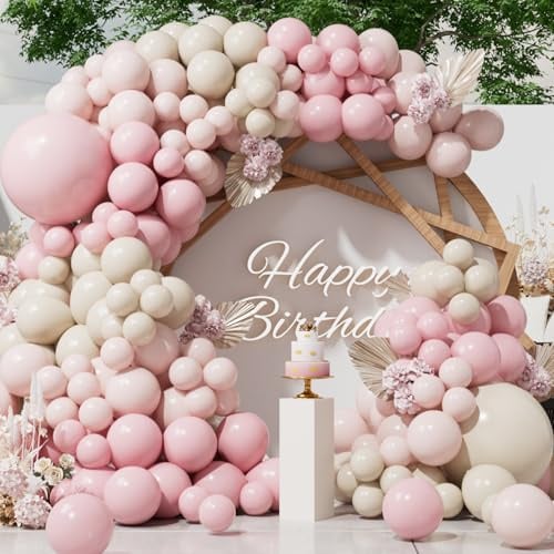 SUWEN 153 Pezzi Rosa Pastello Chiaro Sabbia Bianco Palloncini Arco Set | 18/10/5 Pollici Pastello Rosa Beige Palloncini Ghirlanda Diverse Dimensioni per Anniversario Decorazioni Matrimonio Festa