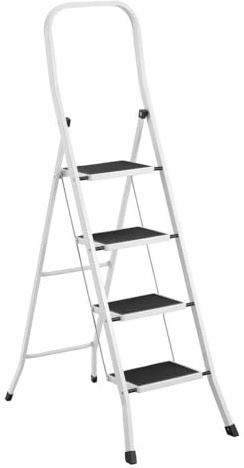 Escalera plegable de 4 peldaños antideslizantes de acero color blanco | Soporta 150 kg. Medidas abierta: 46x86x156 cm. Medidas plegada: 46x4x165 cm. Cumple normativa EN14183