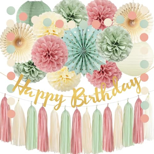 Salbeigrün Altrosa Beige Geburtstag Party Dekorationen Happy Banner Creme Blush Pink Salbei Papierlaternen Seidenpapier Pom Poms Boho Papier Quaste Girlanden für Baby Shower Frauen Mädchen Geburtstag