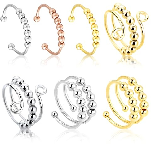 Dmrbiy 7 Stück Anti Stress Ring Mit Beweglichen Perlen Verstellbaren Größen Erhältlich Edelstahl Antistress Ring Für Frauen Für Panikattacken Daumenring