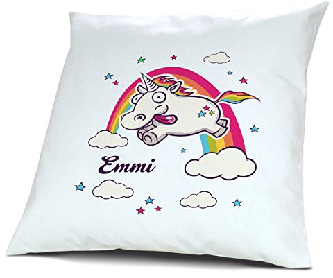 printplanet Kopfkissen mit Namen Emmi - Motiv Verrücktes Einhorn, 40 cm, 100% Baumwolle, Kuschelkissen, Liebeskissen, Namenskissen, Geschenkidee