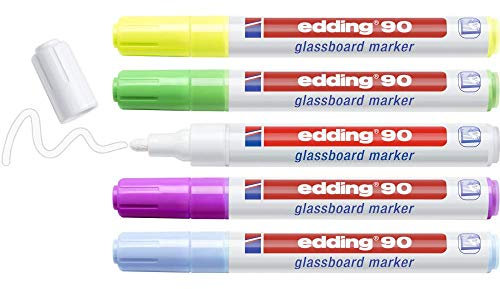 edding 90 Glasboardmarker Set - bunte Farben (hell) - 5 Glasboard Stifte - Rundspitze 2-3 mm - Fensterstift abwaschbar - zum Schreiben auf Glasoberflächen wie Fenster, Glasboards - trocken abwischbar
