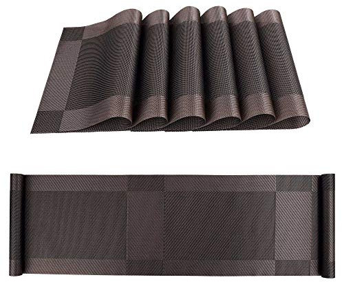 ISIYINER Table Runner y Manteles Individuales Antideslizante Lavables PVC Placemats Juego de 6 con Corredores de Mesa a Juego para Casa Restaurante Mesa de Comedor 30 x 180 cm