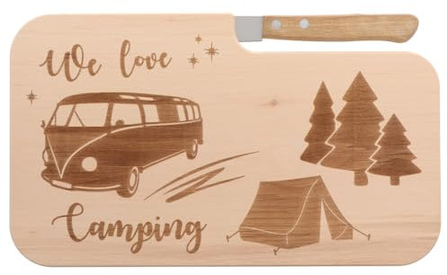 Spruchreif | Brotzeitbrett mit Messer We love Camping – Graviertes Messerbrett aus Holz mit Camper-Motiv | Geschenkidee für Campingfreunde & Outdoor-Fans