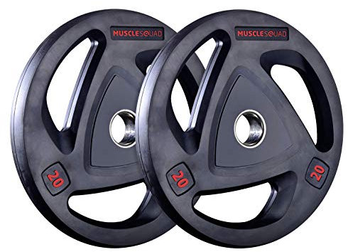 MuscleSquad Rubber Tri Grip Olympic Weight Plates sold in pairs 1.25kg to 20kg (20, Pair)