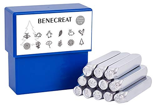 BENECREAT 12 Pack (6mm 1/4) Designstempel, Stanzwerkzeugstempel (Tier mit Pflanzenthema) Stanzwerkzeugkoffer - Galvanisierte Hartkohlenstoffstahlwerkzeuge zum Stempeln/Stanzen von Metallschmuck