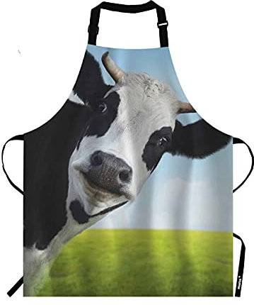 Moslion Divertido delantal de vaca, vaca de leche sobre hierba, delantal de granja de ganado lechero, delantal ajustable para hombres y mujeres, adecuado para cocina, camarera, chef, Multi 57, 27 X 31
