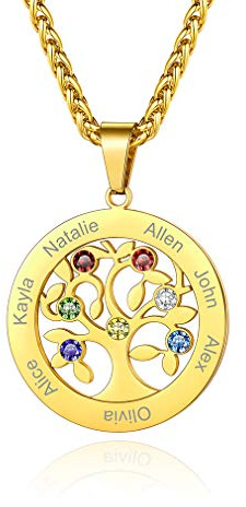 Custom4U 2-7 Name Personalised Necklace with Birthstone for Women | S925 Silver/316L Stainless Steel Heart/Tree of Life/Birthstone Pendant for Family Customizable Jewellery for Mum Wife Nana