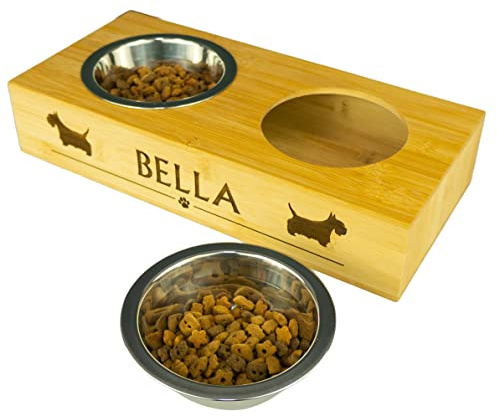 Personalised twin dog bowl feeder. Bamboo bowl station with small stainless steel dish. Ideal for small dogs