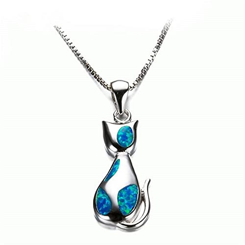 PAIHUIART Halskette Pulloverkette Ketten Schmuck Frauen Anhänger Necklace Charming Blue Fire Opal Cute Cat Anhänger Halsketten Für Frauen Animal Chain Lange Halskette Modeschmuck