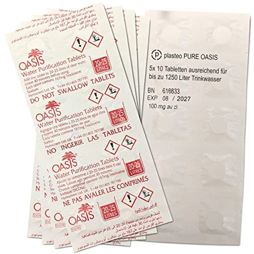 plasteo® PURE OASIS Wasserreinigungstabletten 50 Stück für bis zu 1250 Liter Wasserentkeimung | 100% keimfreies Trinkwasser in 30 Minuten | 1x Handschuh aus PE | empfohlen von WHO und CDC
