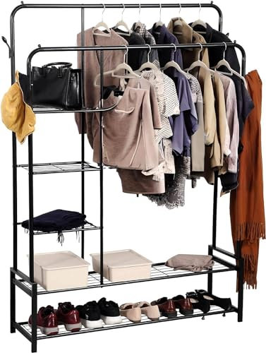 House of Home Heavy Duty Freestanding Double Tidy Rails Clothes Stand, 5 Shelves Shoes Bags Perfect Bedroom, Hallways, Clothing Rack Stores Heavy Items Coats Jackets With Hat and Scarf Holders