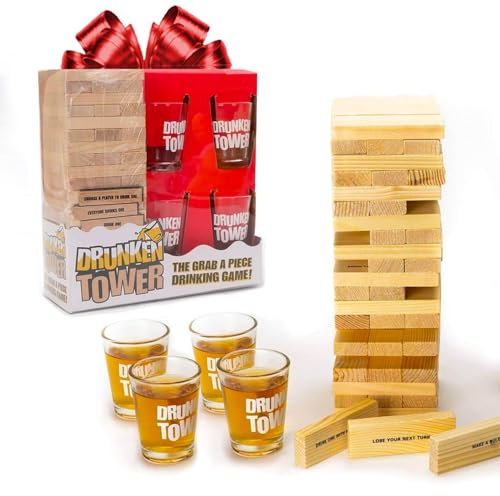 Original DrunkenTower® | Tour Infernale avec Gages | Qualité Premium | 60 Blocs en Bois | 4 Verres à Shot | Jeu à Boire | Apéro | Soirée | House Party | OriginalCup®