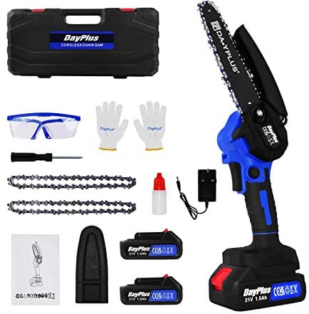 Mini Chainsaw 6 Inch Cordless Powered Chain Saw with 2 Batteries 2 Chains 21V Portable Electric Handheld Chainsaw for Tree Trimming/Branch/Wood Cutting Blue