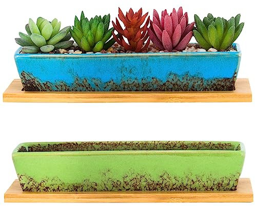 2 Pack Grandi vasi per piante succulente con vassoio di drenaggio, vasi rettangolari lunghi 9,8 pollici per piante da interno Contenitore per piante da fiore di cactus in ceramica poco profondo