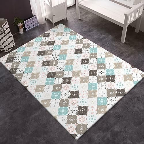 LONGSAO Teppiche große Wohnzimmer Teppiche,120 x 200 cm, Frische Blaue und graue Nähte mit quadratischem Muster für Flur Schlafzimmer Hauptdekoration Anti Rutsch Teppich