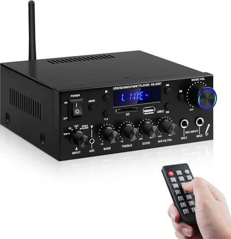Amplificatore Audio Casa,Bluetooth 5.0 HiFi Amplificatore,KS-33BT 2Canali RMS 60W X 2 Max 400W X 2 Amplificatore Stereo Ricevitore W/Echo, USB/SD/AUX/BT.C/FM Microfono per Home Cinema Auto, Festa