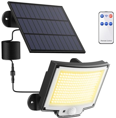 Topabol Luz Solar Exterior con Sensor de Movimiento 3000K Amarillo Cálido, con Mando a Distancia, LED Solar Exterior Potente con un Cable de Extensión de 5M, Luces de Seguridad para el Jardín