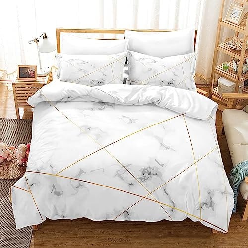 EFEMIR White Grey Marble Double Size Duvet Cover Set with Gold Lines Abstract 3D Geometry Marbling Print Kids Adult Comforter Cover Bedding Set Soft Microfiber Quilt Cover Set with 2Pillowcases
