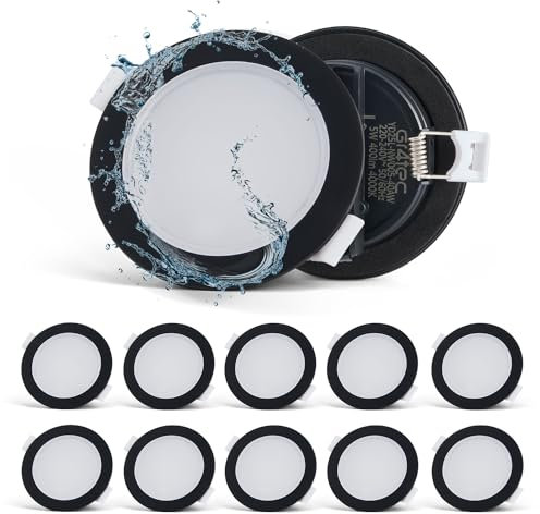 Gr4tec Spot LED Encastrable Noir Extra Plat, 10 x 5W Spot Salle de Bain IP65, Spot Encastré 4000K Blanc Neutre 400lm, Plafonnier Encastrable Trou 68-80mm, Spots de Plafond Pour Salon Chambre Cuisine