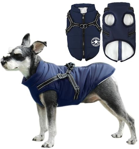 Voarge Hundejacke Winterweste Jacken, Hundemantel mit Geschirr für Kleine Hunde Hundemantel Wasserdicht Maschinen Waschbarer Reflektierender Streifen Design Haltbarer D-Ring (Blau, XL)