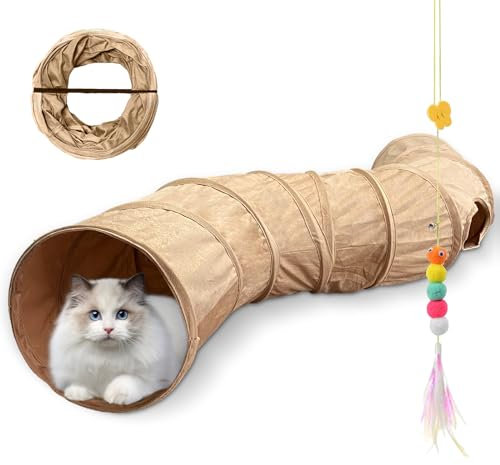 Faltbar Katzentunnel Katzenspielzeug mit Ball Spieltunnel Knisternder Rascheltunnel Aus Wildleder für Alle Katzen Kaninchen Welpen und Kleine Tiere, Mit Hängendem Lustiger Katzenstock (S- Khaki)