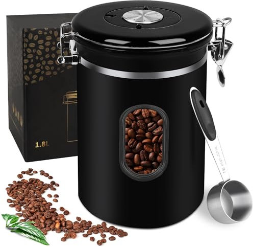 Shayson Bote de Café Hermético de Acero Inoxidable 1,8 Litros, Recipiente Al Vacío Con Ventana, Válvula de Escape y Cuchara - Prolonga Frescura y Conservación