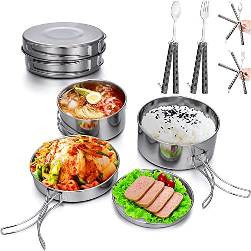 Camping Kochgeschirr Set, 6 Teiligtes Camping Kochgeschirr Set aus Edelstahl 304, Faltbar und Stapelbar Camping Topfset zum Campen, Picknick, Außenwandern, Reisen