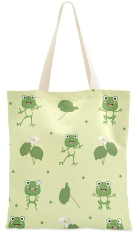 FRODOTGV Canvas-Tragetasche, lustige grüne flache Frösche, Lilien, Canvas-Tragetasche, günstige Kollegen, Geschenke für Frauen, Tragetasche, Leinentasche, einfarbige Tragetaschen, Lustige grüne flache