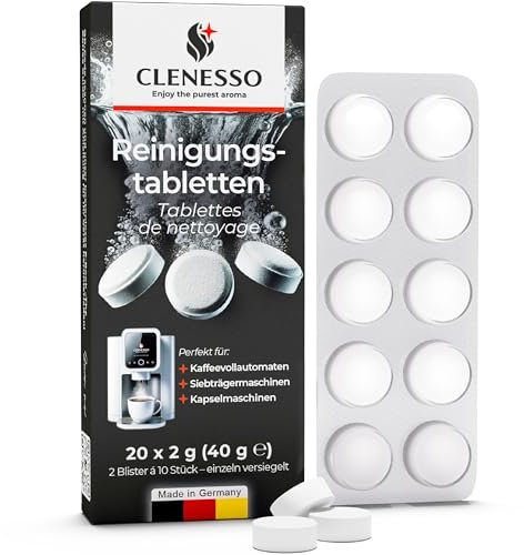 CLENESSO Pastilles nettoyantes pour machines à café (20 unités) – nettoyage compatibles avec Delonghi, Senseo, Siemens, Jura, Krups, etc. – détartrant pour un nettoyage optimal
