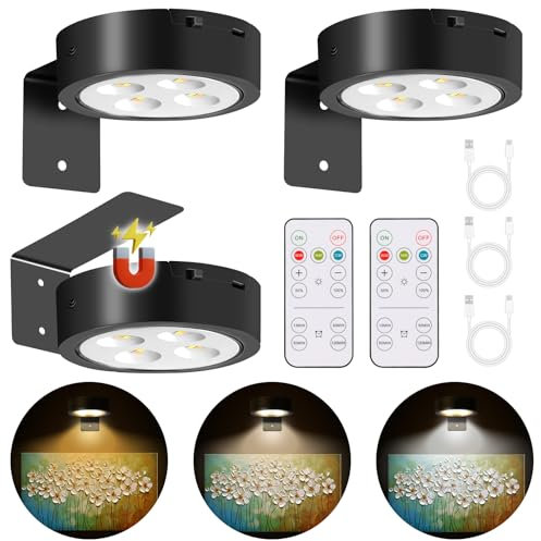 3er Pack LED Spot Lampe Drahtlose Deckenstrahler mit Fernbedienung, LED licht Spots,Dimmbar Bilderlampe Bildleuchte,Wiederaufladbare mit 3 Farbtemperaturen,Vitrinenbeleuchtung LED mit Timing Funktion