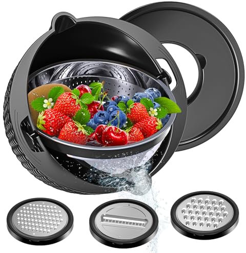 4-1 Sieb mit Schüssel-Set – Sieb für Küche – Siebe und Siebe – Nudelsieb – lustige Geschenke für Frauen – Reissieb, Obstreiniger, Gemüse, Waschküche, Gadgets, Essentials, Schwarz