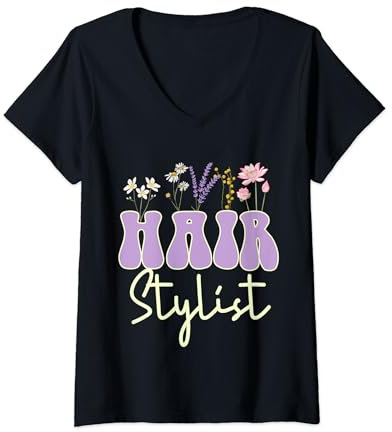 Damen Niedliches trendiges Friseur-T-Shirt für Damen, Wildblume T-Shirt mit V-Ausschnitt