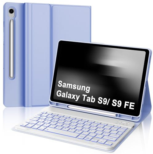 IVEOPPE Keyboard Case for Samsung Galaxy Tab S9FE/S10FE, Case Keyboard for Samsung Galaxy Tab S9, Cover with Detachable Backlit Keypad for S9 FE 10.9'' Tablet, Light Purple