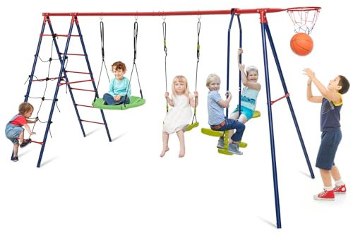 COSTWAY 6 en 1 Balançoire Enfant Extérieur avec 2 Sièges & 1 Face à Face, Portique Balançoire Exterieur en Métal avec Panier & Échelle d’Escalade, Charge 250kg pour 5 Enfants de 3-12 Ans
