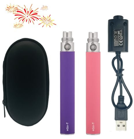 High Power 1100mAh eGo T vape battery-Adequate capacity 510 thread vaper pen eGo-T batteries-Recharging E-cig battery-2 packs E-Shisha battery-Includes vapes eGo charger (Nicotine Free) (Purple-Pink)
