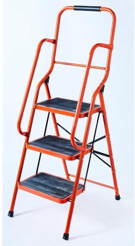 3 Step Folding Safety Ladder with Handrail Silver/Red | Anti-Slip Treads & Feet H146 x W9 x D51cm (Silver)
