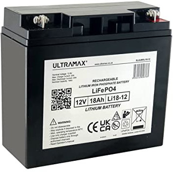 Ultramax Li18-12 Batería LiFePO4 de litio de fosfato de hierro de 12V 18Ah, viene con cargador de litio LiFePO4 12V 3Ah