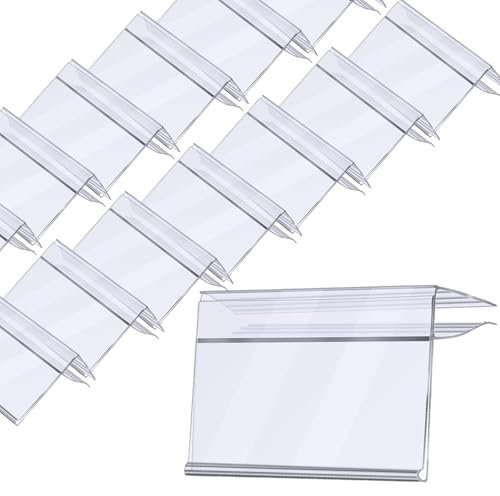 100 etichette per mensole, in plastica trasparente, con clip, etichette per mensole in filo metallico da 0,5 cm a 1,5 cm per mensole in vetro e legno, cartellini dei prezzi, 4 x 8 cm