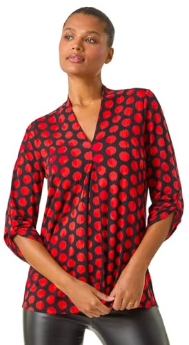 Roman Originals Leaf V Neck Stretch Jersey Top for Women UK Ladies Pleated Shirt Notch V Neck Blouse Summer Tunic Spring Pull-On Soft Evening Holiday Work Party Everyday - Onyx Red - Size 12