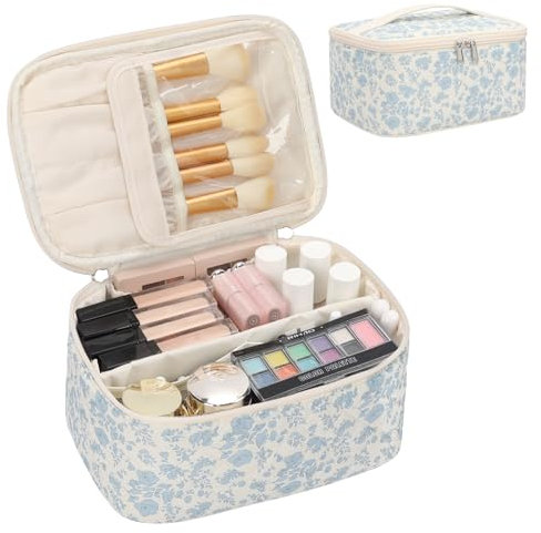 Make-up-Tasche, Tragbare Kosmetische Tasche, Reise-Make-up-Fall-Organisator der großen Kapazität, Schwarz für Frauen-Toilettentasche für Mädchen, die mit Griff und Teiler Reisen (A-blauer blumendruck)