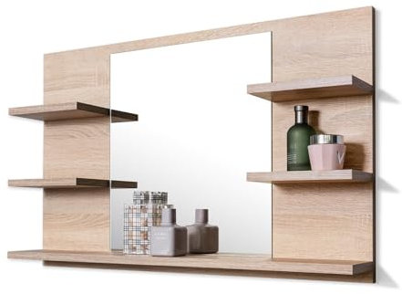 FreshYou Badspiegel mit 5 Ablagen Badezimmerspiegel Spiegel Regal Wandspiegel Hängespiegel Badmöbel Spiegel Flurspiegel für Schlafzimmer für Badezimmer Sonoma Eiche 80X50