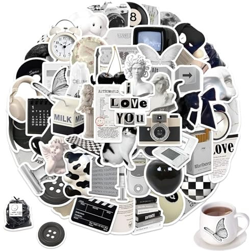 vcsjw 60 Stück Sticker Schwarz Weiss,Wasserfeste Sticker Aesthetic Sticker Bookish Sticker,Künstlerische Vintage Aufkleber für DIY Buch Skateboard Koffer Laptop