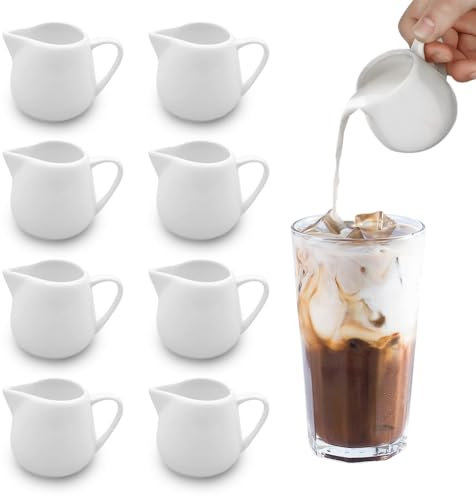 Afenau Lot de 8 pots à lait en porcelaine de 110 ml avec poignée Blanc Mini pot à lait en céramique pour lait, café, sauce, cuisine, bar, café