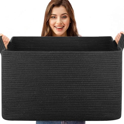 Esteopt Extra Large 65L Foldable Storage Baskets with Handles - Heavy Duty Cloth Organizer Box for Toys, Blankets, Seasonal Clothes - Collapsible Space Saving Design (55x38x30cm) (Black)